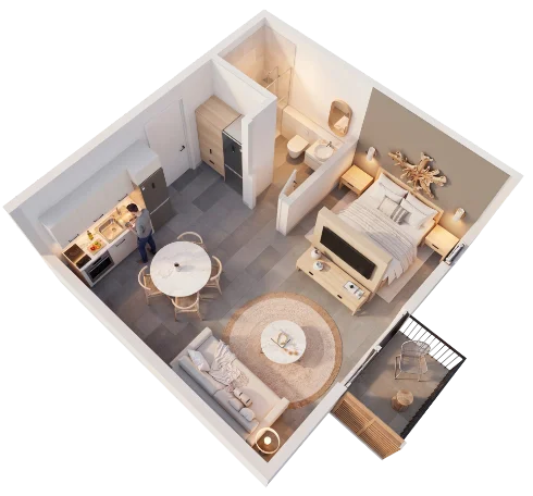 Bird's-eye view of a modern studio apartment layout at Fumba Town, Zanzibar, showing a kitchen, dining area, living space, bedroom, and balcony.