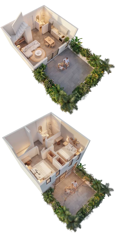 Fumba Town Zanzibar: Isometric view of a modern two-story villa layout, showcasing open-plan living and bedrooms with private patios.
