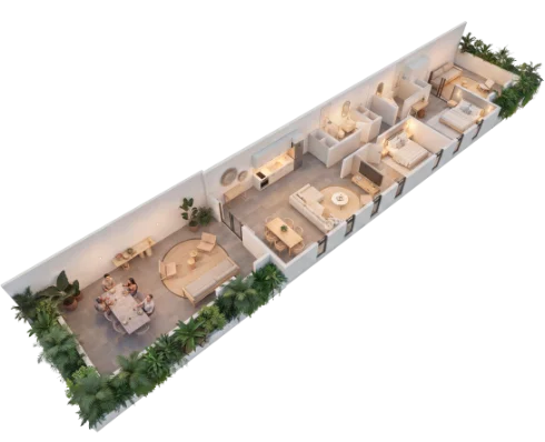 Fumba Town Zanzibar architectural rendering of a modern apartment layout with an open-plan living area, dining space, and bedrooms.