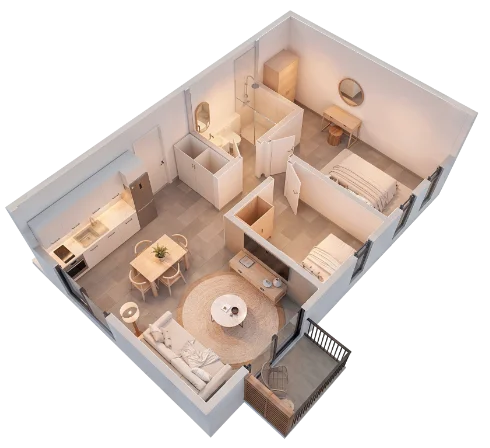 Fumba Town Zanzibar floor plan showing a modern 2-bedroom apartment with living area, kitchen, dining, balcony, and bathroom.