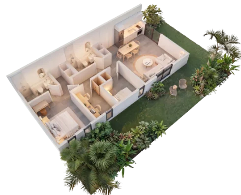 A miniature architectural model of a modern apartment layout at Fumba Town, Zanzibar, showcasing living spaces, bedrooms, and bathrooms with an outdoor garden.